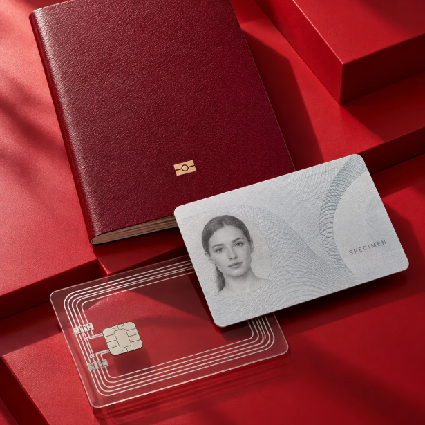 Concept arrangement of a burgundy ePassport, a silver specimen identity card and a transparent chip inlay