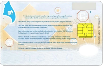 Reverse side of an illustrative secure identity card showing chip and printed security features